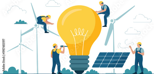 Renewable energy concept with solar panels and wind turbines, engineers working on light bulb innovation, modern flat vector illustration