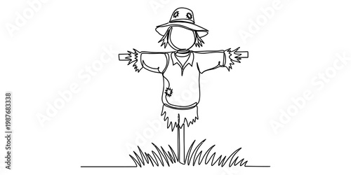 A simple black and white line drawing of a traditional farm scarecrow standing in a grassy field