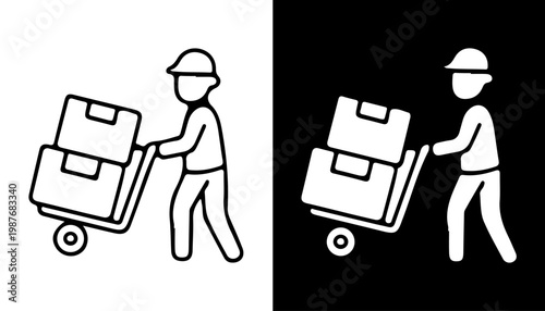 Logistics Icon: A simple illustration shows a worker loading boxes on a hand truck, perfect for logistics and delivery concepts.
