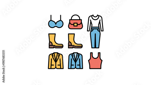 Colorful assortment of casual clothing and accessories displayed together Vector