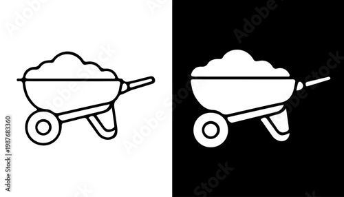 Wheelbarrow Illustration: A simple yet impactful black and white line illustration of a wheelbarrow filled with soil. The contrasting background creates a visually appealing and dynamic image.