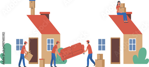 Professional movers team transporting furniture and packed boxes during house relocation, moving service concept, flat vector illustration
