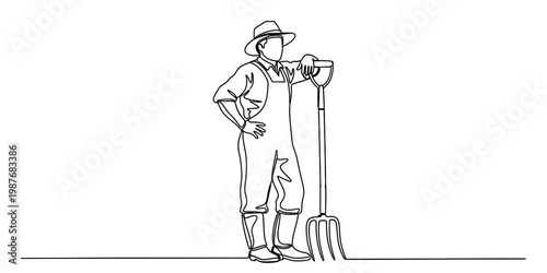 A single continuous line drawing of a farmer standing confidently while holding a garden pitchfork