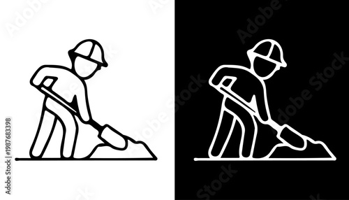 Construction Worker Icon: A minimalist icon of a construction worker, diligently engaged in manual labor with shovel, perfectly capturing the essence of industry. 