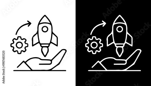 Innovation and Growth: An illustrative depiction of a rocket ship soaring upwards from a nurturing hand, with gear symbols, conveying themes of startup, innovation, and progress.