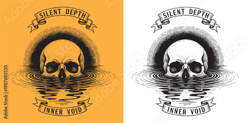 Human Skull Submerged in Water Woodcut Engraving Style Illustration