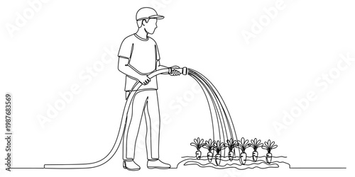 A simple line drawing of a person watering a small garden patch filled with growing vegetables