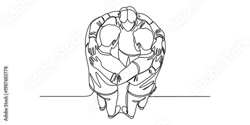 A single continuous line drawing of three men standing together in a supportive group huddle.