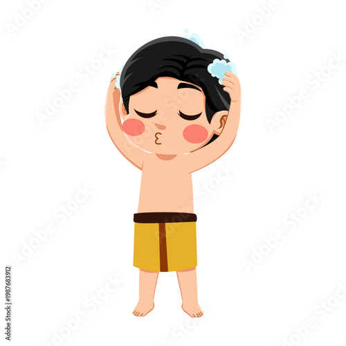  black haired Asian boy wearing an orange and brown outfit I'm using shampoo black haired Asian boy wearing an orange and brown outfit I'm using shampoo