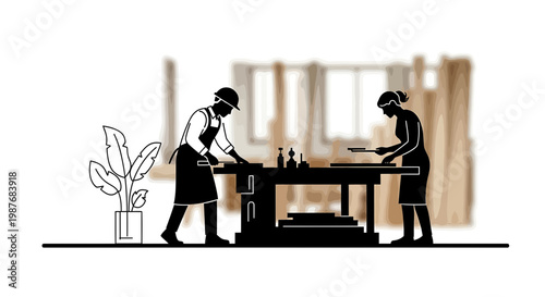 Carpentry Workshop Illustration of Male and Female Artisans