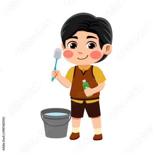  black haired Asian boy wearing an orange and brown outfit is cleaning the toilet black haired Asian boy wearing an orange and brown outfit is cleaning the toilet