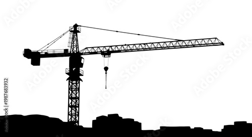 Black Tower Crane Silhouette on Construction Site Vector Illustration