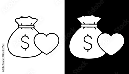 Charity and Financial Harmony: An emblematic representation of financial giving and compassionate action, featuring a money bag intertwined with a symbol of love.