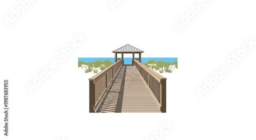 Wooden Boardwalk Leading to Beach Gazebo and Ocean Vector Art