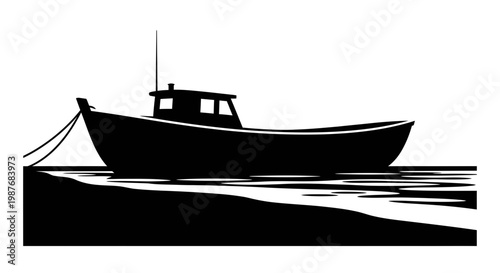 Black Silhouette of a Fishing Boat on the Water Illustration