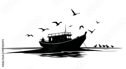 Fishing Boat Silhouette with Flying Seagulls Maritime Vector