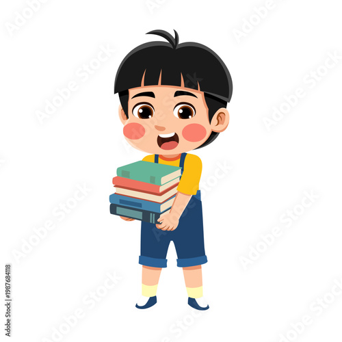  black haired Asian boy wearing an yellow and blue outfit carrying a stack of books black haired Asian boy wearing an yellow and blue outfit carrying a stack of books