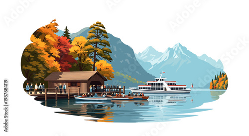 Scenic Alpine Lake Illustration with Autumn Trees and Ferry Boat