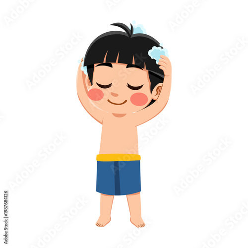  black haired Asian boy wearing an yellow and blue outfit I'm using shampoo black haired Asian boy wearing an yellow and blue outfit I'm using shampoo