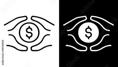 Money Protection Symbol: A conceptual image depicts hands cupping a dollar coin, representing financial security and investment care on both light and dark backgrounds. 