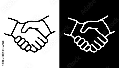 Handshake Icon: A minimalist icon symbolizes agreement, cooperation, and partnership through a simple handshake design. A universal sign of unity, collaboration, and understanding. 