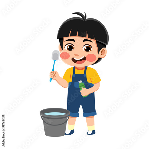  black haired Asian boy wearing an yellow and blue outfit is cleaning the toilet black haired Asian boy wearing an yellow and blue outfit is cleaning the toilet