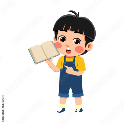  black haired Asian boy wearing an yellow and blue outfit open a book black haired Asian boy wearing an yellow and blue outfit open a book