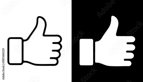 Like Icon: A pair of thumbs-up icons, one against a white backdrop and the other against a black background. Represents agreement or approval.