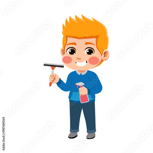  blonde hair european american boy wearing an blue outfit bring glass cleaner blonde hair european american boy wearing an blue outfit bring glass cleaner