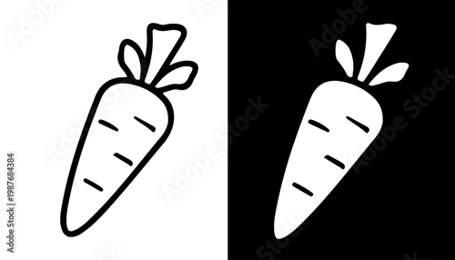 Carrot Contrast: A monochromatic depiction of a carrot in two contrasting representations: one as a black outline on a white backdrop, and the other as a white figure on a black background.