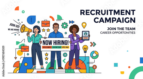 Diverse People Holding Now Hiring Sign.