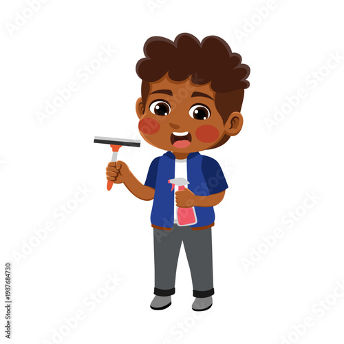  brown hair african american boy wearing an blue and grey outfit bring glass cleaner brown hair african american boy wearing an blue and grey outfit bring glass cleaner