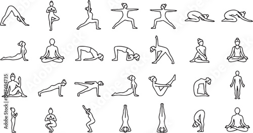 Modern Yoga Poses Line Art Icon Collection.