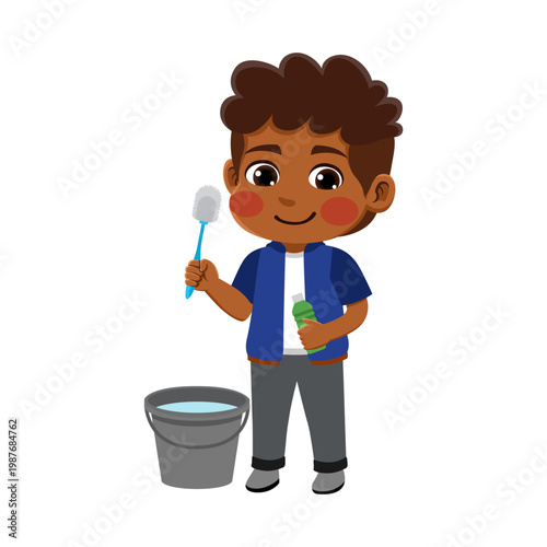 brown hair african american boy wearing an blue and grey outfit is cleaning the toilet