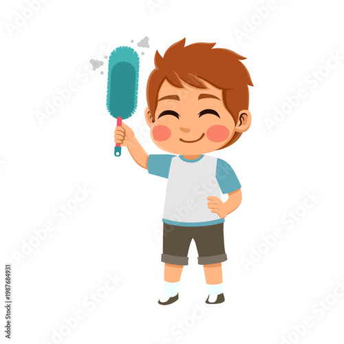  brown haired australian boy wearing an blue and grey outfit  cleaning dust with a feather duster