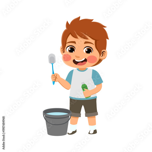  brown haired australian boy wearing an blue and grey outfit is cleaning the toilet