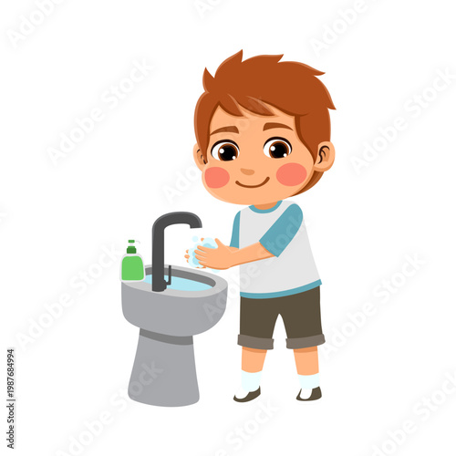  brown haired australian boy wearing an blue and grey outfit is washing hands