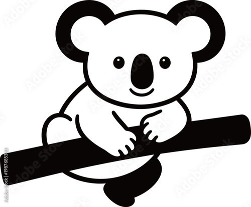 Canvas Print A cartoon koala bear sitting on a tree branch, depicted in black and white with simple lines and a friendly expression