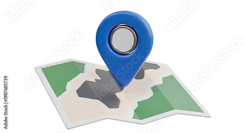 3D Blue Map Pin on Folded Map