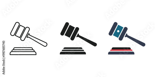 Three gavel icons in different styles vector illustration