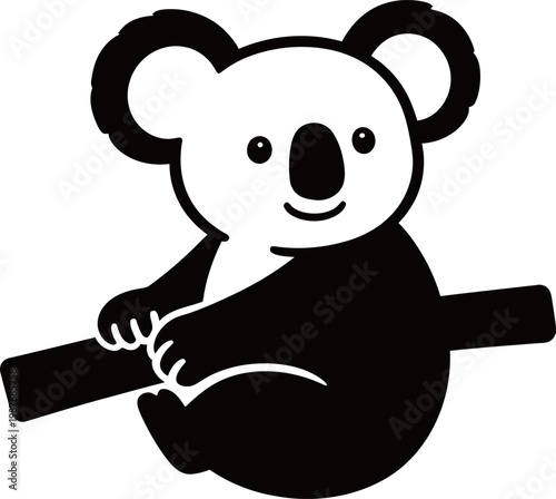 Black and white illustration of a koala bear clinging to a branch