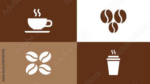 Coffee cup and beans icon set, flat style vector logo collection featuring coffee mugs, espresso cups, and roasted beans for café branding, beverage packaging, and restaurant design elements