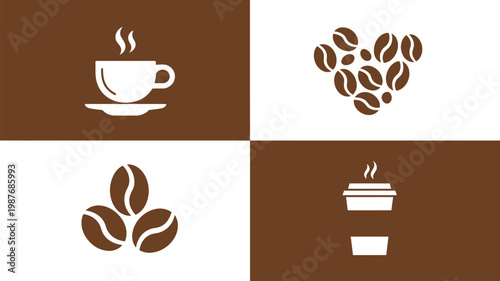 Coffee cup and beans icon set, flat style vector logo collection featuring coffee mugs, espresso cups, and roasted beans for café branding, beverage packaging, and restaurant design elements