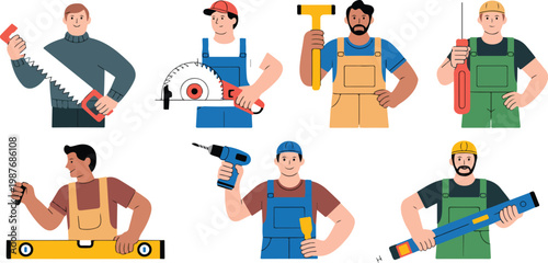 Construction workers and handyman characters with tools, professional builders set, flat vector illustration isolated on white background