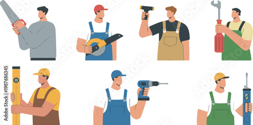 Construction workers and handyman characters with tools, professional builders set, flat vector illustration isolated on white background