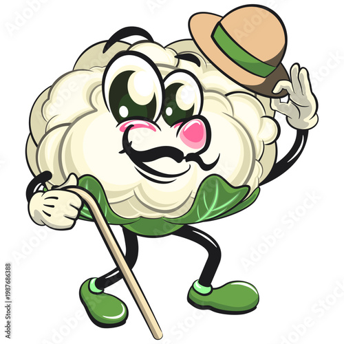 cute cauliflower mascot character carrying a stick and saluting with raised hat, fresh vegetable cartoon vector illustration isolated on transparent background, work of hand drawn