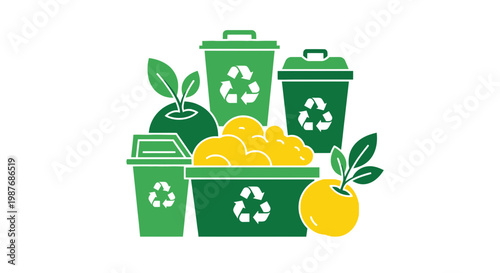 Illustration of various green recycling bins and containers with organic waste elements, symbolizing waste management and environmental sustainability.