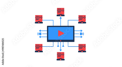 A central video player screen connected to multiple distributed server units, illustrating a content delivery network or streaming architecture.