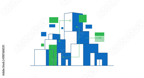 Abstract illustration of interconnected blue and green blocks forming a city-like structure with data flow lines.