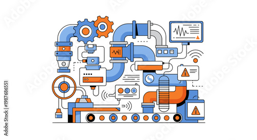 Detailed description of an industrial automation system with pipes, gears, and a conveyor belt, illustrating data flow and process management.